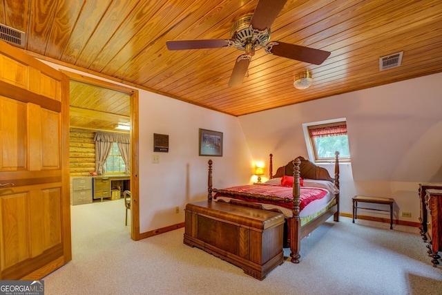 bedroom featuring wood ceiling, multiple windows, light carpet, and visible vents