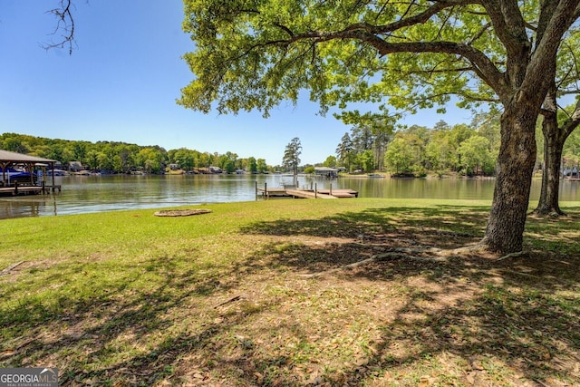 view of yard with a water view and a dock