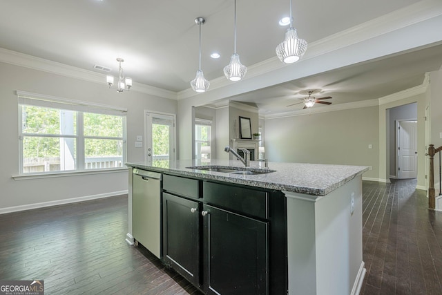 207 Cherokee Reserve Cir, Canton, GA 30115 - kitchen featuring a sink, a center island with sink, visible vents, baseboards, and dishwasher