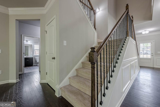 207 Cherokee Reserve Cir, Canton, GA 30115 - staircase featuring hardwood / wood-style floors and crown molding