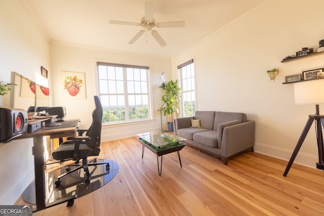 office featuring baseboards, crown molding, wood finished floors, and ceiling fan