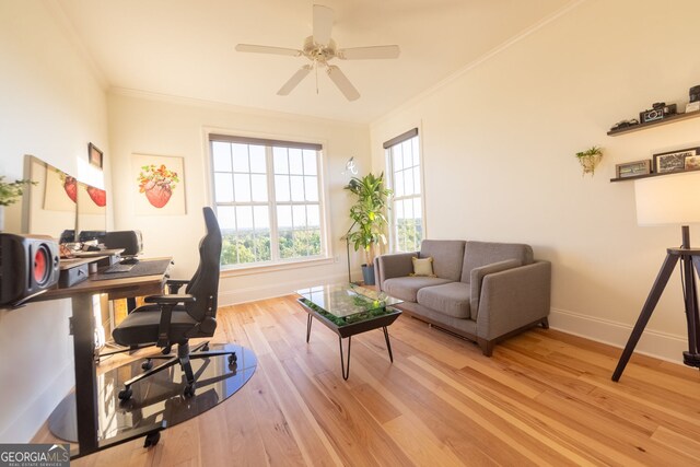 4100 Paces Walk SE Unit 4306, Atlanta, GA 30339 - office with baseboards, light wood finished floors, ornamental molding, and a ceiling fan