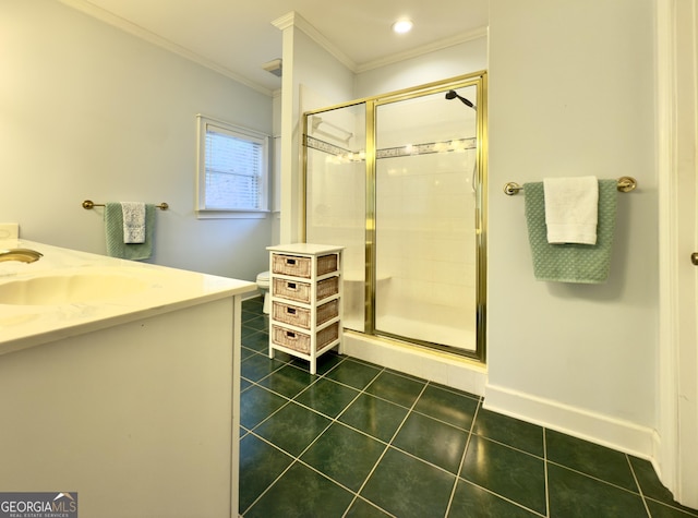 full bathroom featuring crown molding, a stall shower, toilet, tile patterned floors, and vanity