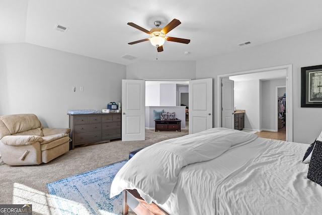 171 Cliffhaven Cir, Newnan, GA 30263 - bedroom featuring a ceiling fan, lofted ceiling, and visible vents