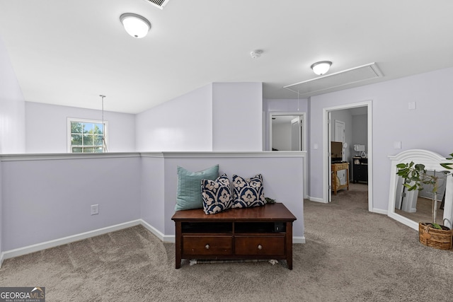 171 Cliffhaven Cir, Newnan, GA 30263 - corridor featuring carpet flooring, baseboards, and attic access