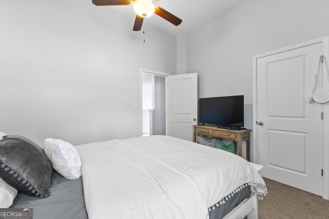 171 Cliffhaven Cir, Newnan, GA 30263 - bedroom with carpet flooring, high vaulted ceiling, and ceiling fan