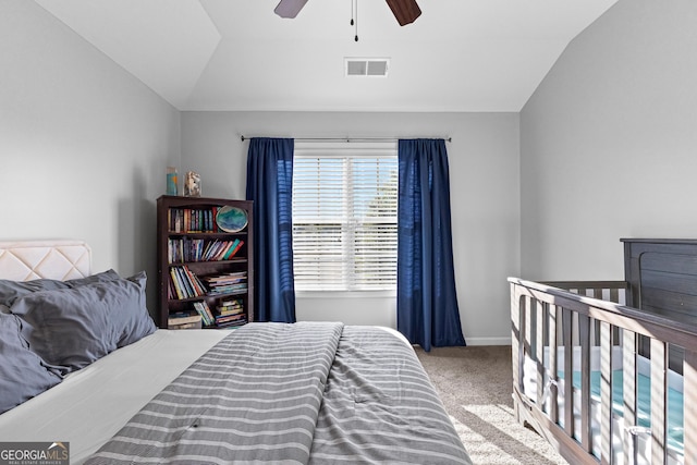 171 Cliffhaven Cir, Newnan, GA 30263 - bedroom featuring ceiling fan, carpet floors, baseboards, vaulted ceiling, and visible vents