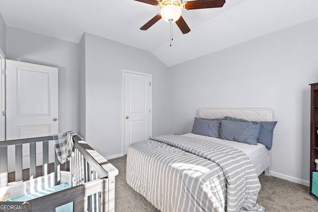 171 Cliffhaven Cir, Newnan, GA 30263 - bedroom with carpet floors, baseboards, ceiling fan, and lofted ceiling