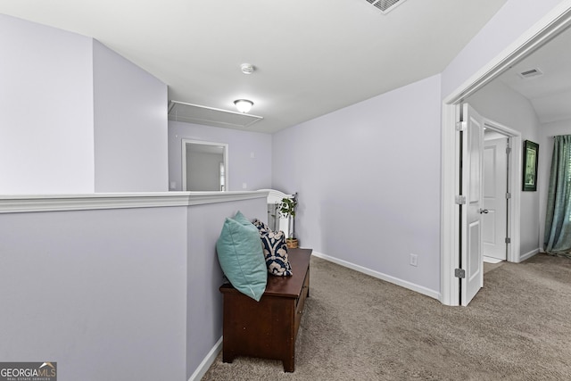 171 Cliffhaven Cir, Newnan, GA 30263 - corridor featuring carpet flooring, baseboards, visible vents, and attic access