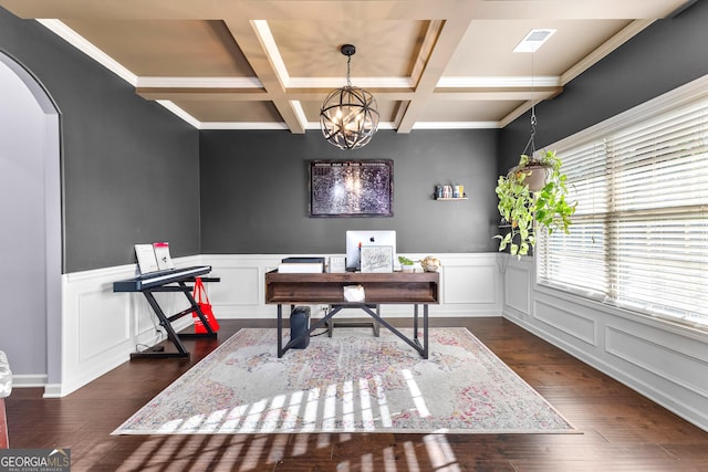 171 Cliffhaven Cir, Newnan, GA 30263 - office space featuring a notable chandelier, arched walkways, visible vents, dark wood-style floors, and coffered ceiling