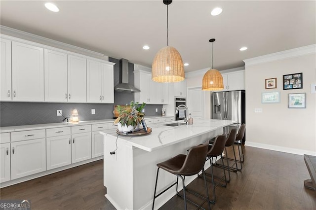 837 Porches Way, Dacula, GA 30019 - kitchen with wall chimney range hood, stainless steel fridge with ice dispenser, white cabinets, decorative backsplash, and decorative light fixtures