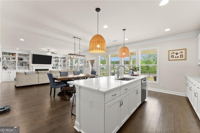 837 Porches Way, Dacula, GA 30019 - kitchen with a ceiling fan, dishwasher, dark wood-style flooring, an island with sink, and recessed lighting