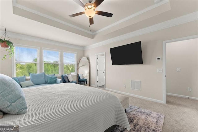 837 Porches Way, Dacula, GA 30019 - bedroom with a raised ceiling, carpet floors, crown molding, and a ceiling fan