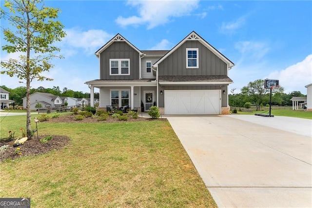 837 Porches Way, Dacula, GA 30019 - craftsman inspired home with board and batten siding, driveway, an attached garage, a front yard, and covered porch