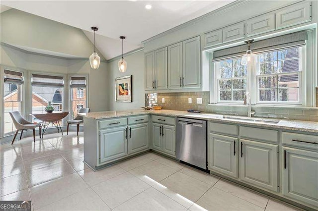 3720 Harts Pl, Atlanta, GA 30341 - kitchen with gray cabinets, stainless steel dishwasher, a sink, a peninsula, and lofted ceiling