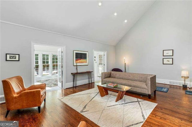 3720 Harts Pl, Atlanta, GA 30341 - living area with recessed lighting, high vaulted ceiling, visible vents, baseboards, and wood finished floors
