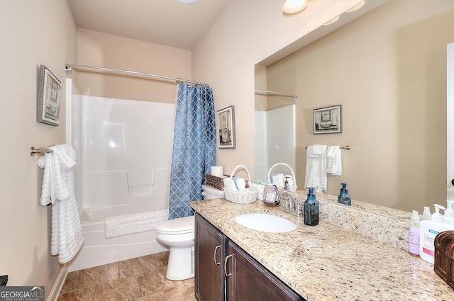bathroom with shower / tub combo, toilet, tile patterned flooring, and vanity