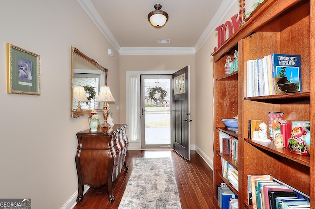 doorway to outside featuring visible vents, ornamental molding, dark wood-style floors, and baseboards
