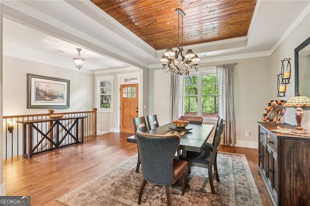 dining space featuring a chandelier, a tray ceiling, wood finished floors, baseboards, and wooden ceiling
