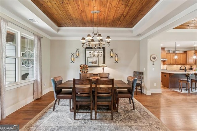 dining space with a tray ceiling, ornamental molding, dark wood-type flooring, a chandelier, and wooden ceiling