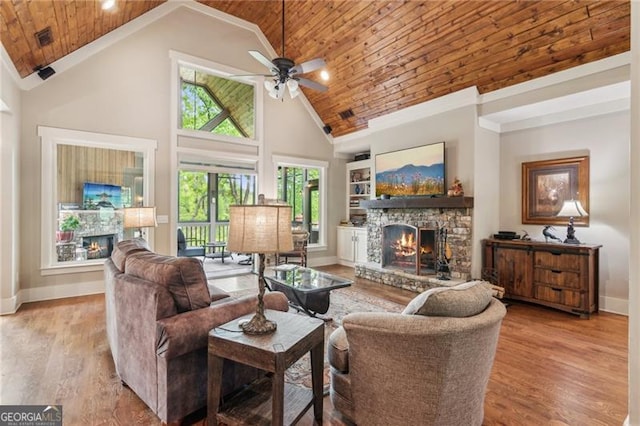 living area with a fireplace, wooden ceiling, high vaulted ceiling, ceiling fan, and baseboards