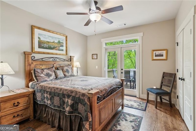 bedroom with access to exterior, light wood-style flooring, french doors, and baseboards