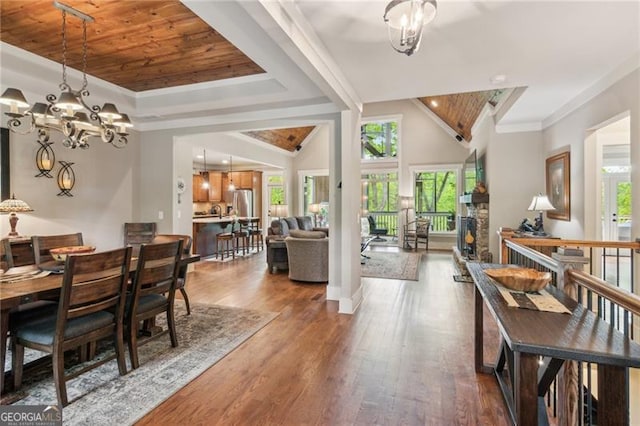 dining space with a chandelier, wood finished floors, wood ceiling, a tray ceiling, and crown molding