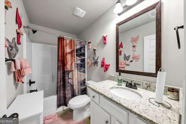 full bathroom featuring toilet, shower / bath combination with curtain, visible vents, and vanity