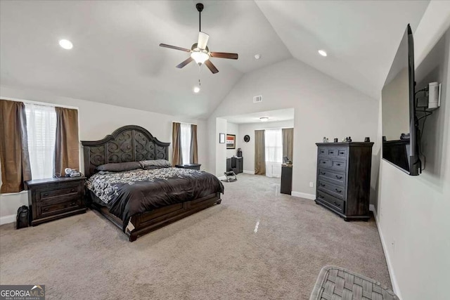 bedroom with recessed lighting, carpet, vaulted ceiling, baseboards, and visible vents