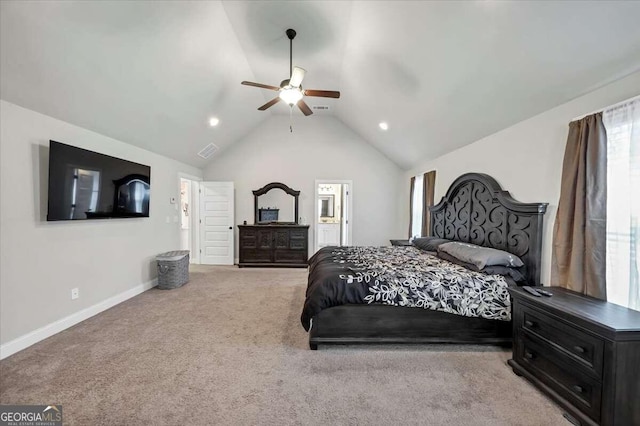 carpeted bedroom featuring lofted ceiling, visible vents, ceiling fan, baseboards, and recessed lighting