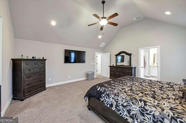 carpeted bedroom featuring visible vents, baseboards, recessed lighting, vaulted ceiling, and a ceiling fan
