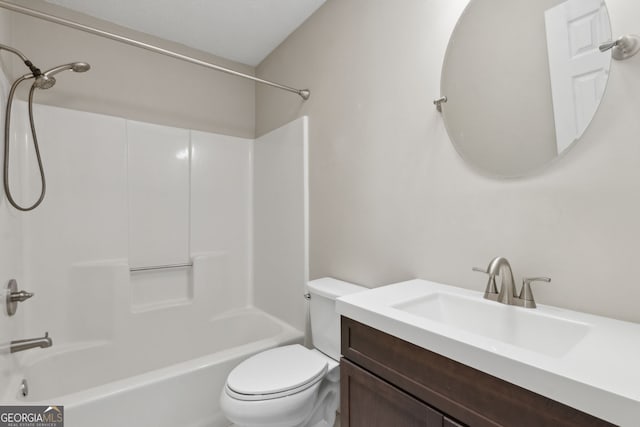 full bath featuring toilet, shower / bathtub combination, and vanity