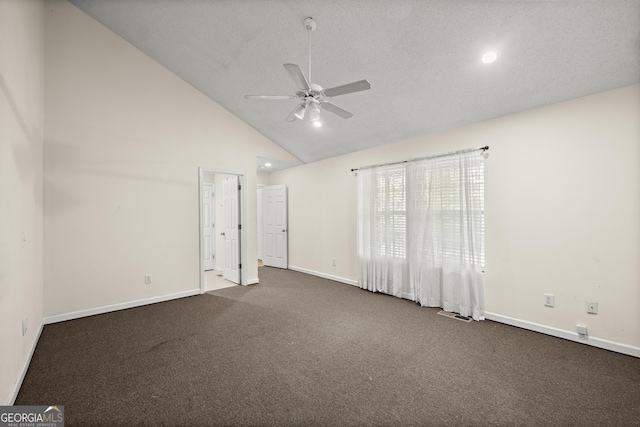 3592 Lakeview Dr, Gainesville, GA 30501 - unfurnished room with recessed lighting, ceiling fan, baseboards, high vaulted ceiling, and dark carpet