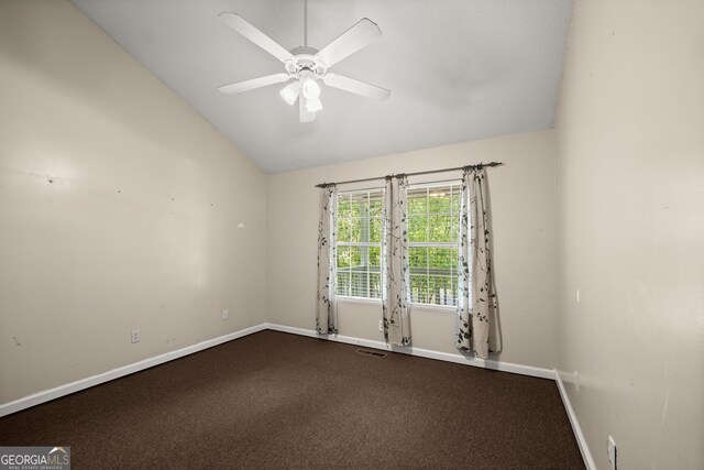 3592 Lakeview Dr, Gainesville, GA 30501 - empty room featuring vaulted ceiling, ceiling fan, carpet flooring, baseboards, and visible vents