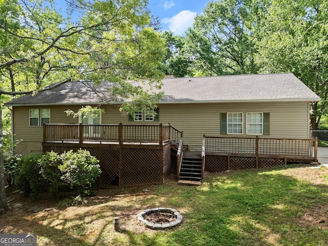 3592 Lakeview Dr, Gainesville, GA 30501 - back of property with a fire pit, a wooden deck, stairs, and a lawn