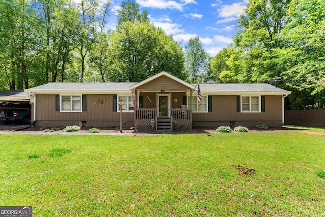 5855 Willis Ln, Cumming, GA 30040 - ranch-style house with fence, a porch, crawl space, and a front lawn