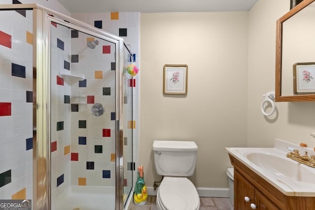 5855 Willis Ln, Cumming, GA 30040 - bathroom with toilet, a shower stall, vanity, and baseboards