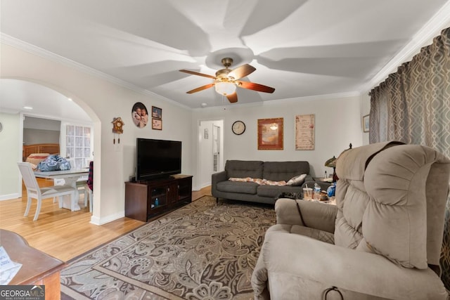 5855 Willis Ln, Cumming, GA 30040 - living area featuring ceiling fan, baseboards, arched walkways, ornamental molding, and wood finished floors