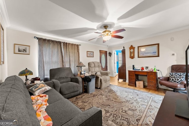 5855 Willis Ln, Cumming, GA 30040 - living area featuring ornamental molding, ceiling fan, and wood finished floors