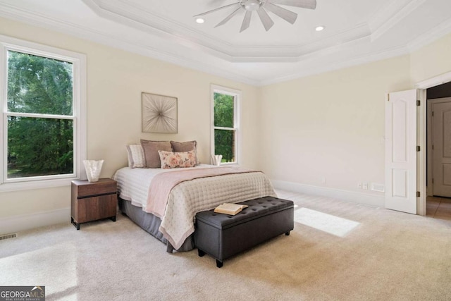 145 Havenbrooke Ct, Fayetteville, GA 30214 - bedroom featuring a raised ceiling, baseboards, recessed lighting, ornamental molding, and light carpet