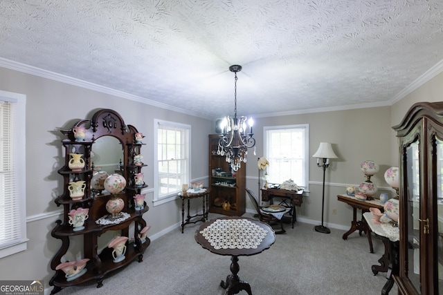 dining room featuring ornamental molding, a textured ceiling, and a notable chandelier