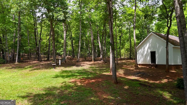 view of yard featuring an outdoor structure and a storage unit