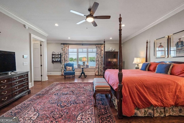bedroom with wood finished floors, recessed lighting, ornamental molding, and baseboards