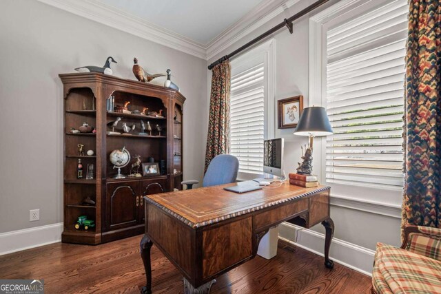 office with baseboards, wood finished floors, and crown molding