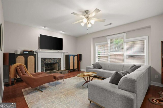 2995 Boulder Walk Ct SE, Atlanta, GA 30316 - living area with a ceiling fan, baseboards, and dark wood-style floors
