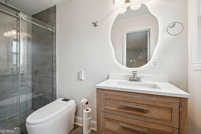 full bathroom featuring toilet, crown molding, a shower stall, and vanity
