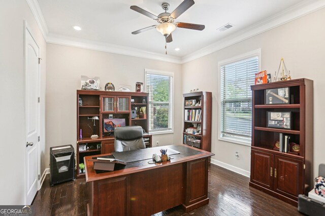 175 Campaign Trl, Fayetteville, GA 30214 - home office featuring dark wood finished floors, baseboards, visible vents, a ceiling fan, and crown molding