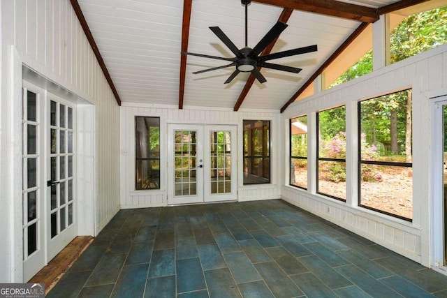 unfurnished sunroom with french doors, ceiling fan, and beamed ceiling
