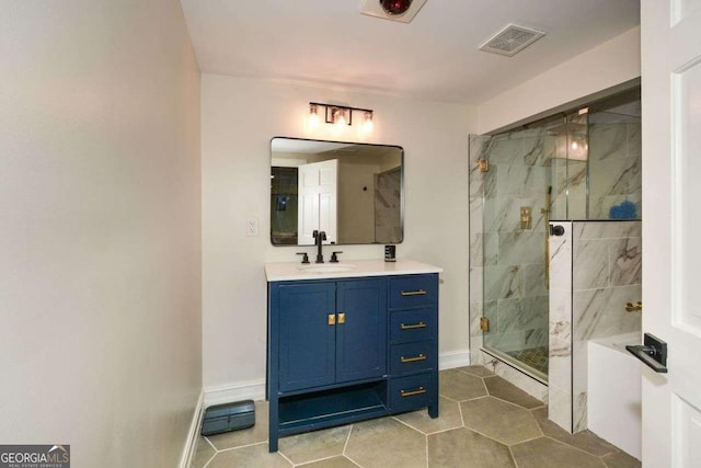 full bath with visible vents, a stall shower, a bath, tile patterned floors, and vanity