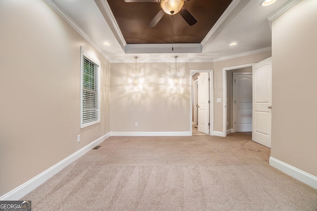 71 Anita Pl SE, Mableton, GA 30126 - empty room with a tray ceiling, ornamental molding, carpet, a ceiling fan, and recessed lighting
